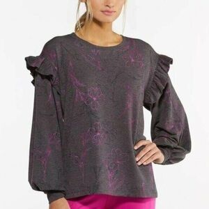 ❄️ Cato | Floral Ruffled Trim Sweatshirt Charcoal Various Sizes Available